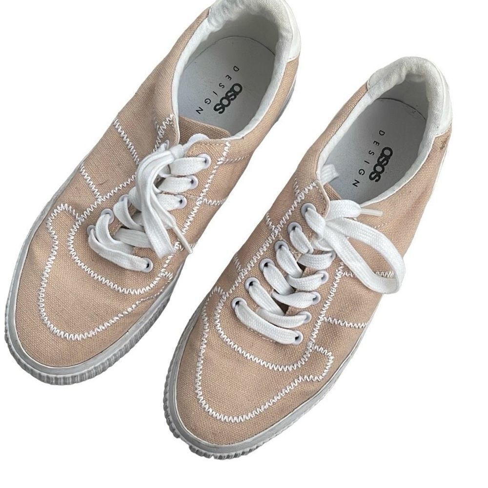 Asos Design Women's‎ Lace Up Embroidered Platform Canvas Sneaker Shoes Pale Pink